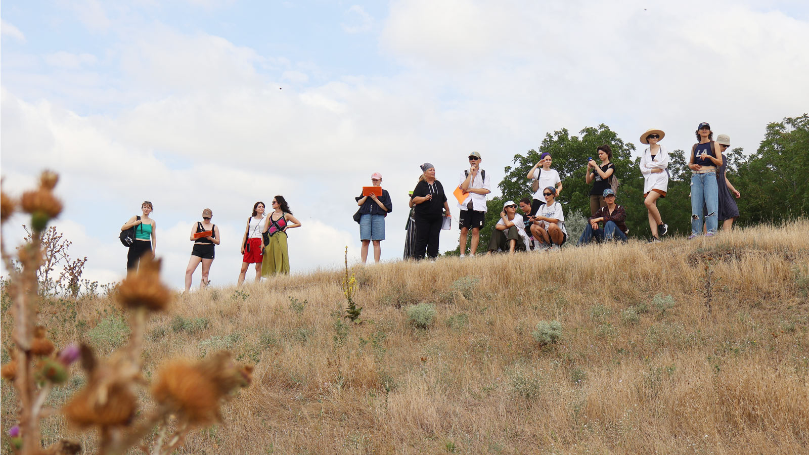 A group of people on a study trip standing at the top of a small hill in the countryside