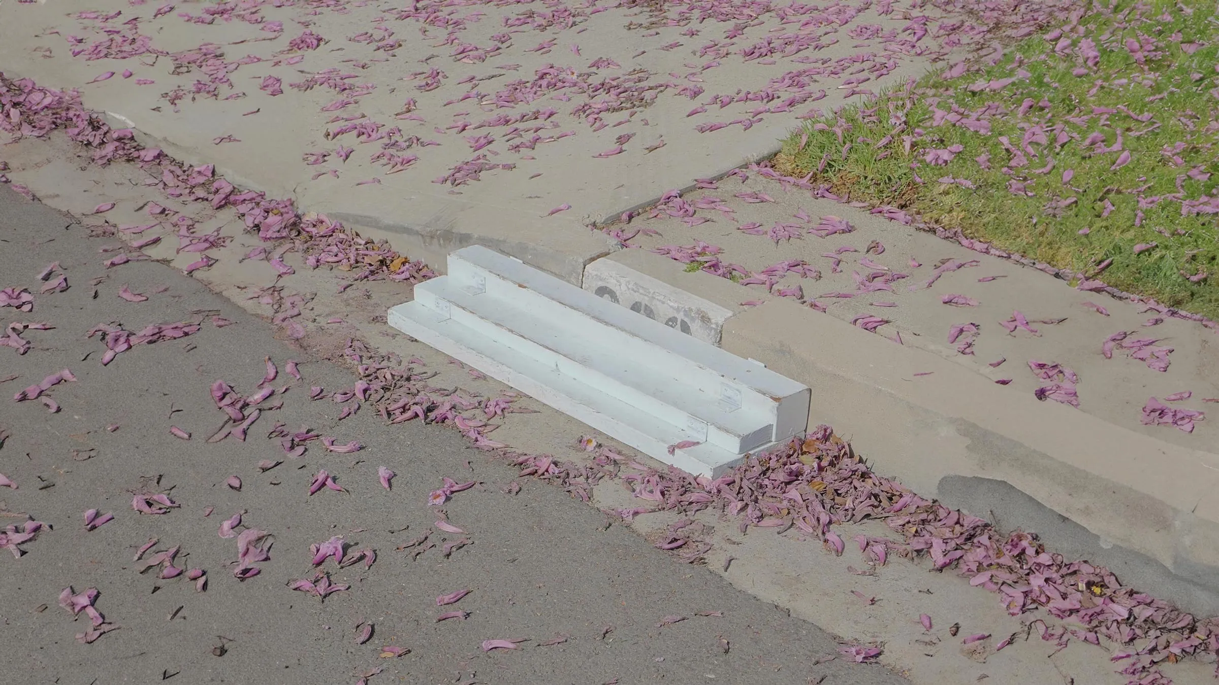 A photograph of an edge of teh asphalt road. A small stair is made between the pedestrian walk and the road.