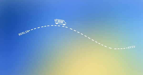 blue-yellow background, a dotted line connecting Berlin and Kyiv